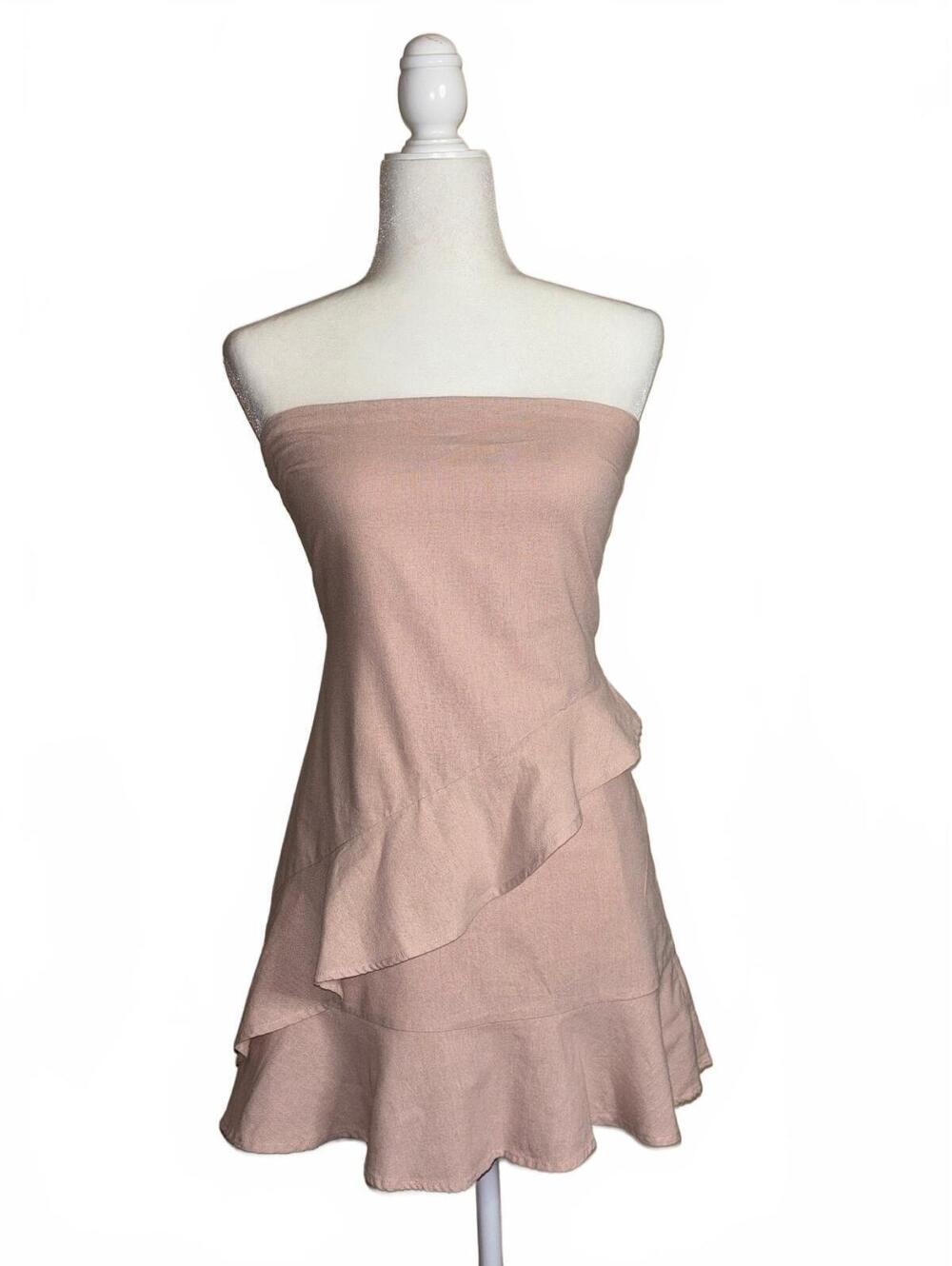 TRIS Design Linen & Cotton Pink Ruffled Sleevless Mini Dress